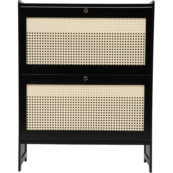 Natural Rattan Shoe Cabinet with Two Flip Rattan Doors, Free Standing Shoe Racks with 4-Tier Storage Space, Shoe Organizer Cabinet for Entryway, Living Room, Bedroom (Black)
