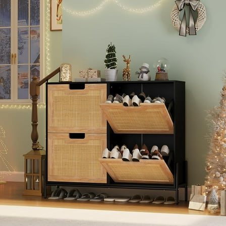 Natural Rattan Shoe Cabinet with 4 Flip Drawers – Modern Freestanding Hidden Shoe Storage Organizer for Entryway, Hallway, Front Door, Black