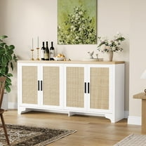 Natural Rattan Sideboard Buffet Cabinet with Storage, Farmhouse Large Rattan Cabinet with 4 Doors, Wood Accent Coffee Bar Buffet Console Tables for Kitchen Dining Room Living Room Entryway