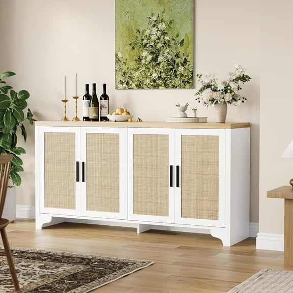 Natural Rattan Sideboard Buffet Cabinet with Storage, Farmhouse Large Rattan Cabinet with 4 Doors, Wood Accent Coffee Bar Buffet Console Tables for Kitchen Dining Room Living Room Entryway
