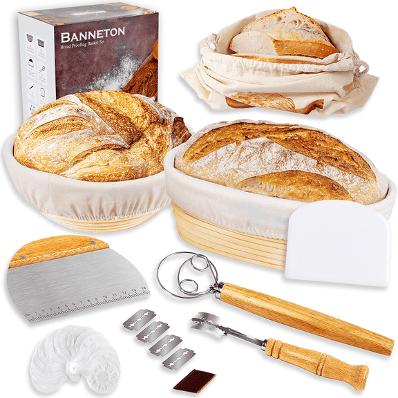 Natural Rattan Sourdough Bread Proofing Basket Set, 10 in Oval & 9 in Round, 2 Baskets