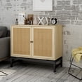 thumbnail image 1 of Natural Rattan Storage Cabinet, Modern Accent Storage Cabinet with 2 Rattan Doors and Metal Legs, Wood Kitchen Sideboard with Adjustable Inner Shelves for Entryway, Living Room, Bedroom, Natural, 1 of 9
