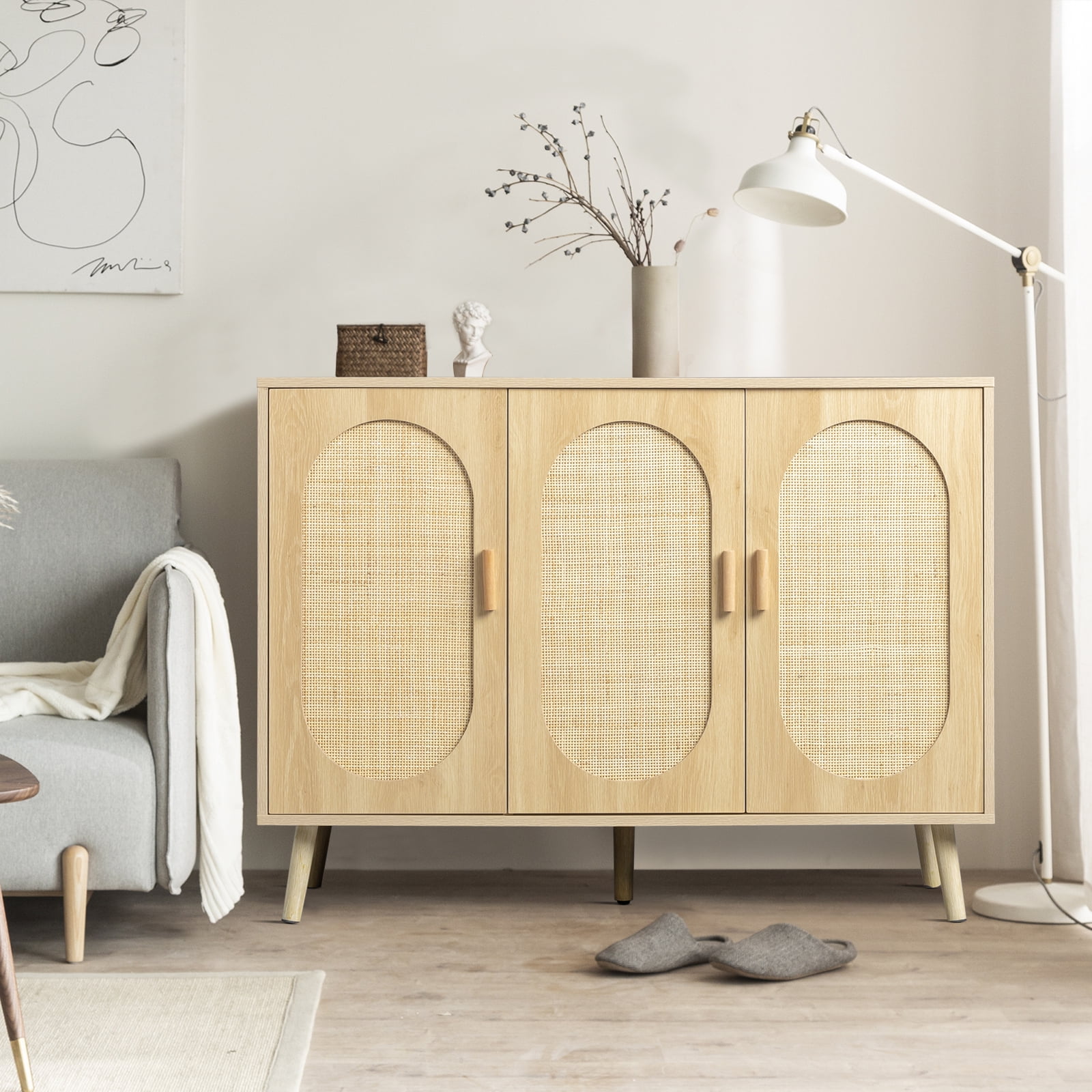 Natural Rattan Storage Sideboard with 2 Hand-Woven Doors, Modern Black & Gold Accent Cabinet, Adjustable Shelves MDF Storage Cabinet for Living Room Bedroom Hallway Kitchen
