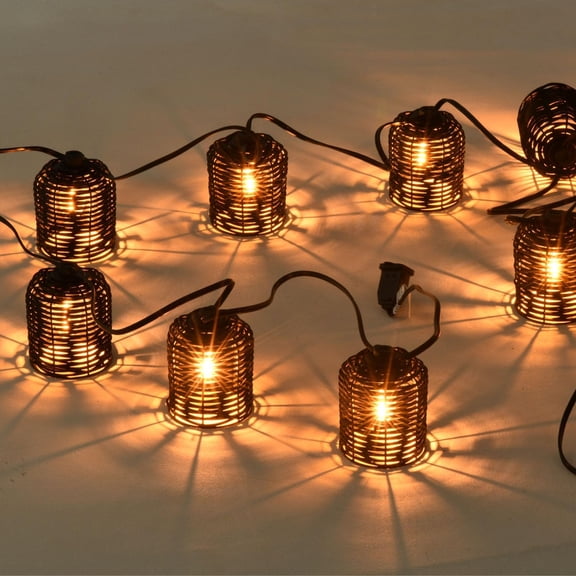 Natural Rattan String Lights, 10 Rustic Raffia Cage, 13 Ft Plug in & Connectable Wicker Lights,Black Rattan