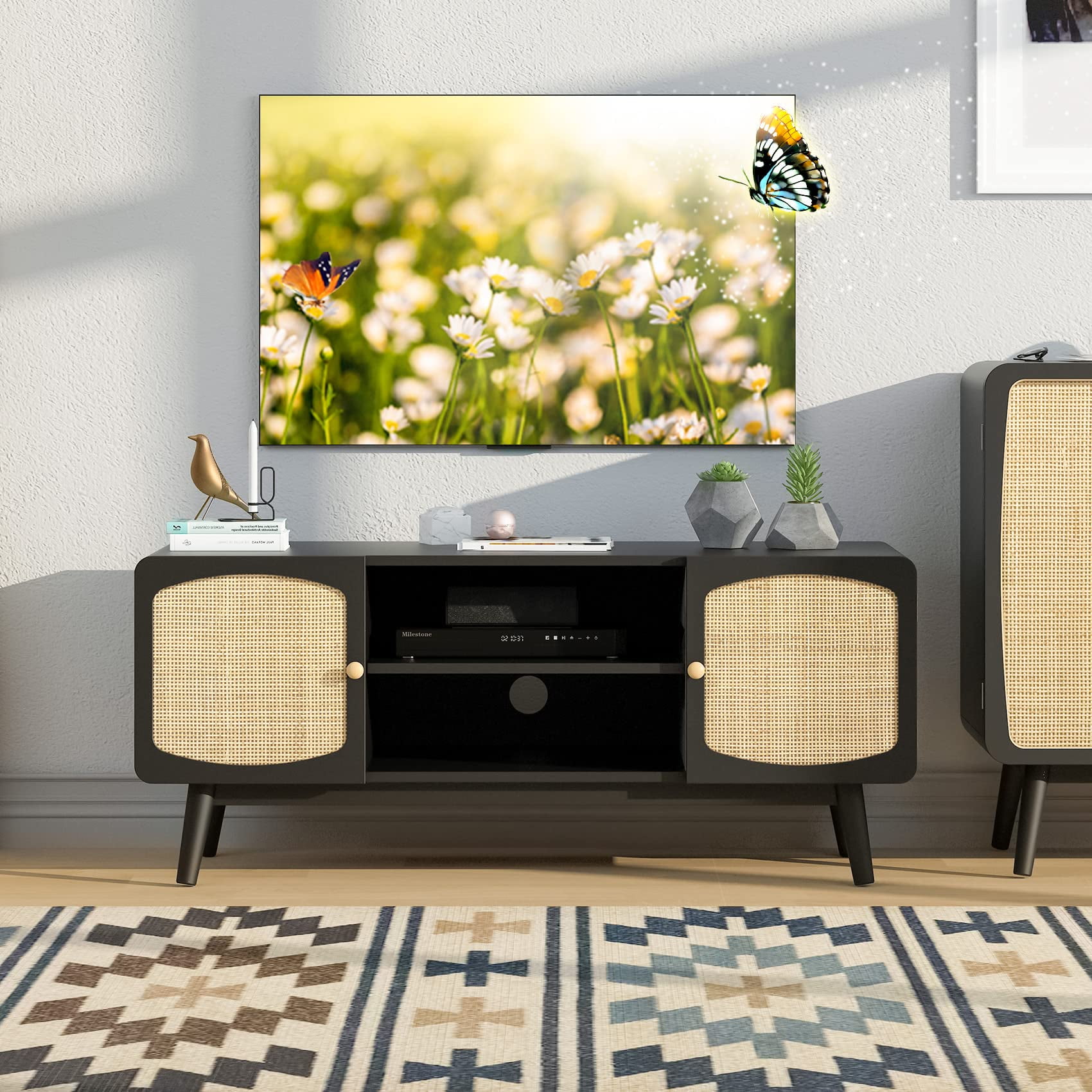 Natural Rattan TV Stand for 50 Inch TV, Boho Entertainment Center with Storage, Mid Century