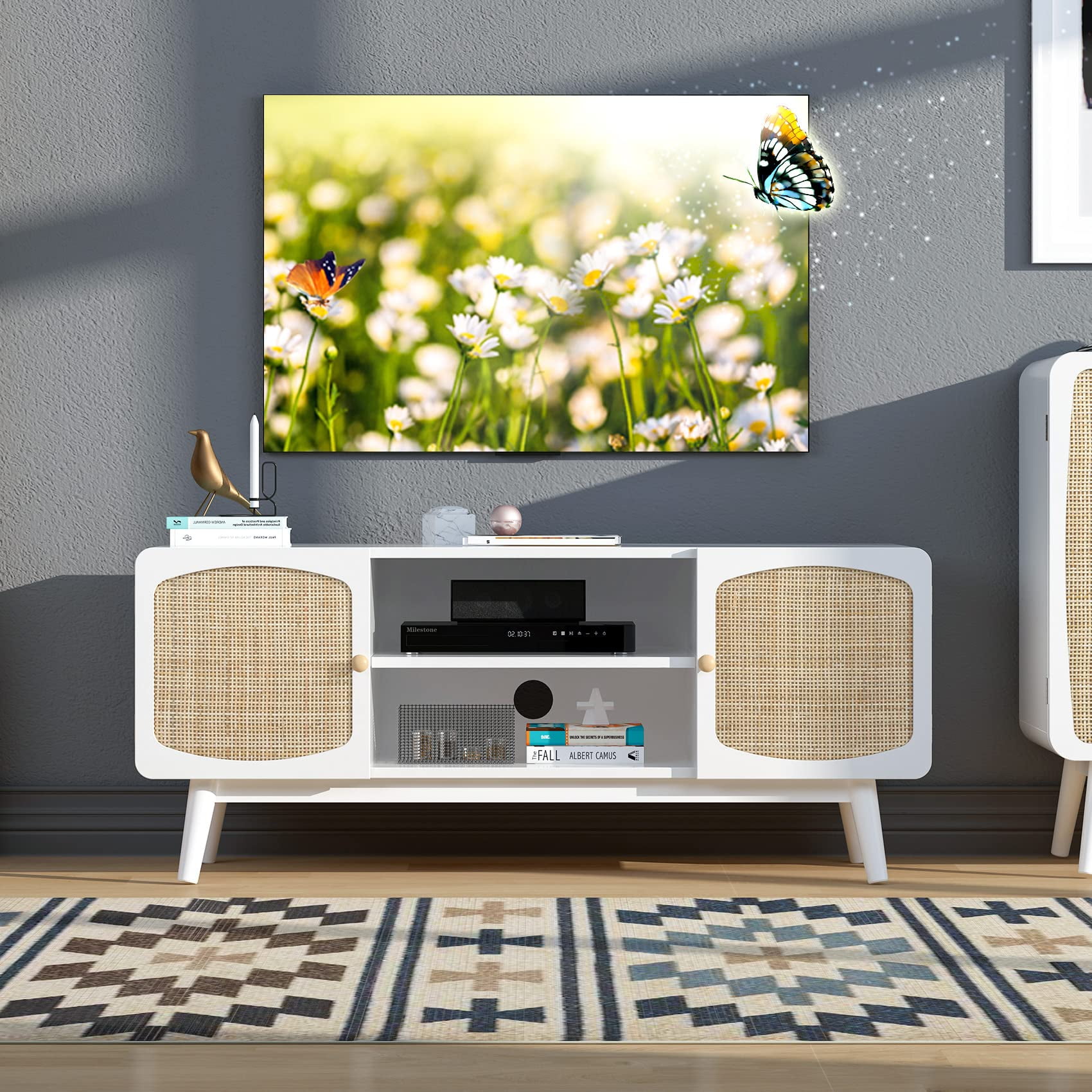 Natural Rattan TV Stand for 50 Inch TV, Boho Entertainment Center with