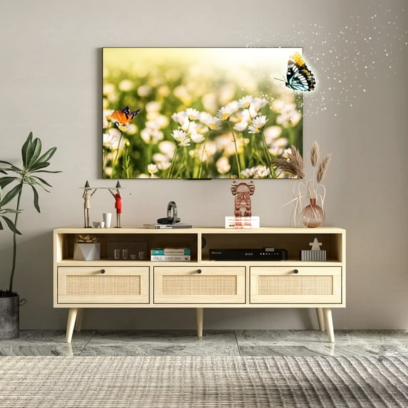 Natural Rattan TV Stand for 55 Inch TV, Boho Entertainment Center with Storage, Mid Century Modern TV Stand, Boho TV Media Console with Drawer for Bedroom, Living Room, Oak