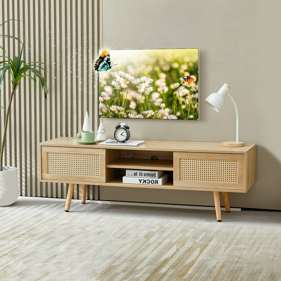 Natural Rattan TV Stand for 60" TV, Boho Entertainment Center with Storage, Mid Century Modern TV Stand with Sliding Door, Boho TV Media Console with Adjustable Shelves for Bedroom, Living Room, Oak