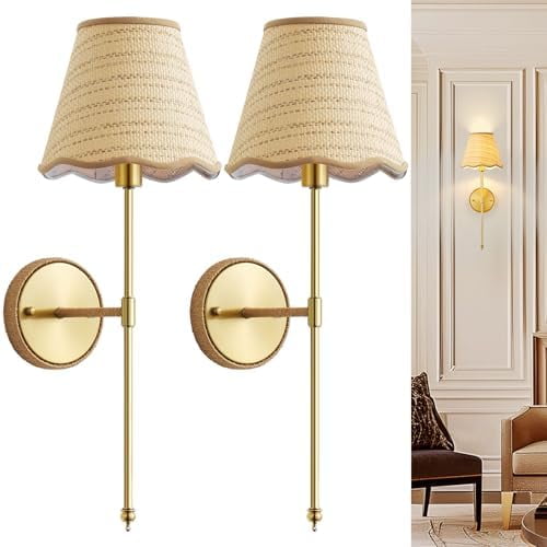 Natural Rattan Wall Sconces Set of 2, Boho Hand-Woven Wall Mounted Light Fixture Decor with Rattan Lampshade Sconces for Home Bedroom Living Room Hallway Kitchen Stairs(Gold)$$Tools & Hardware Other