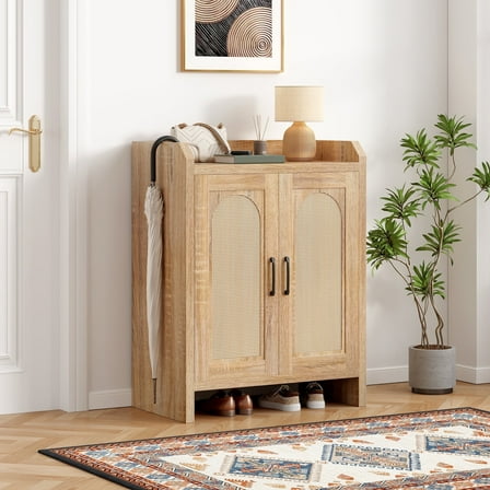 Natural Rattan Wooden Shoe Cabinet with Doors, Adjustable Shoe Organizer for Entryway, Hallway, Living Room, Bedroom, Closet Storage