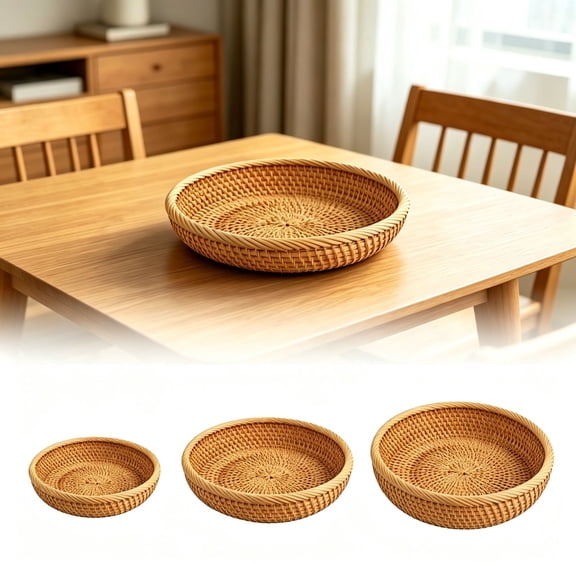 Natural Rattan Woven Fruit Tray Round Decorative Serving Basket for Home Storage and Tabletop Display Handmade Artisan Craft Pack of 3