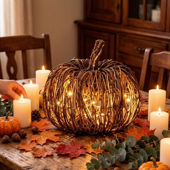 Natural RattanWoven Pumpkin Tabletop Ornament With Warm Fairy Lights, Handmade Vine Pumpkin Statue, 9.8 Inch Indoor Seasonal Home Desktop Decor