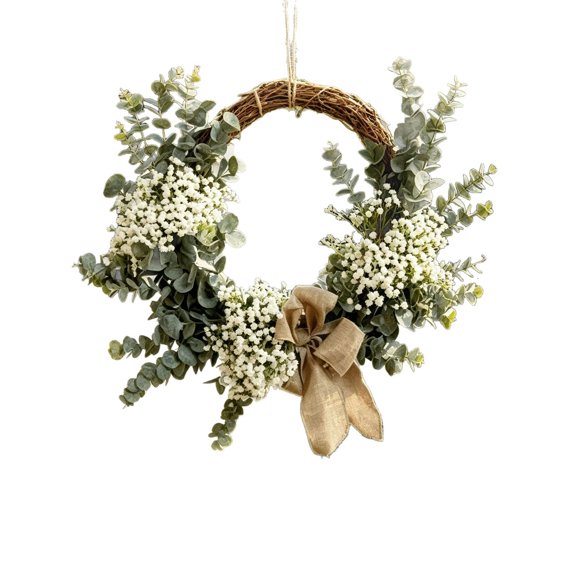 Natural Rattan Wreath With Dusty Artificial Floral Front Door Wreath Boho Flower Circular Wall Hanging Decor