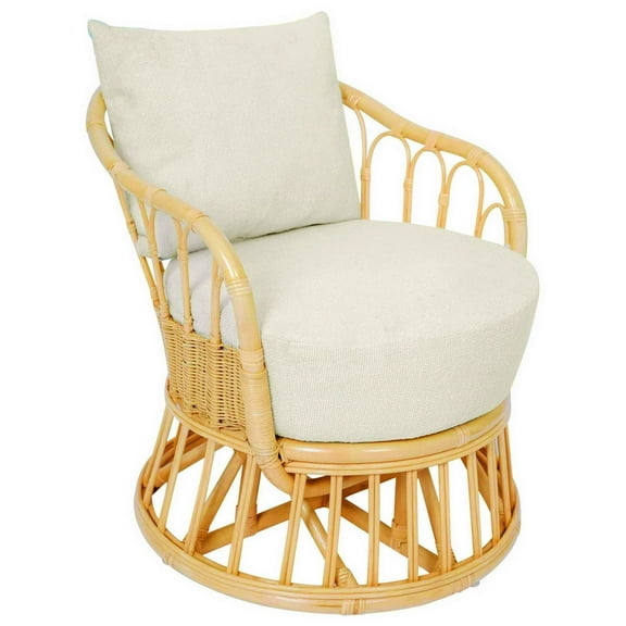 Natural Rattan and Beige Fabric Armchair Exotic Boho Living Room