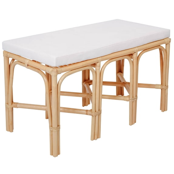 Natural Rattan and Beige Fabric Bench Exotic Boho Entryway