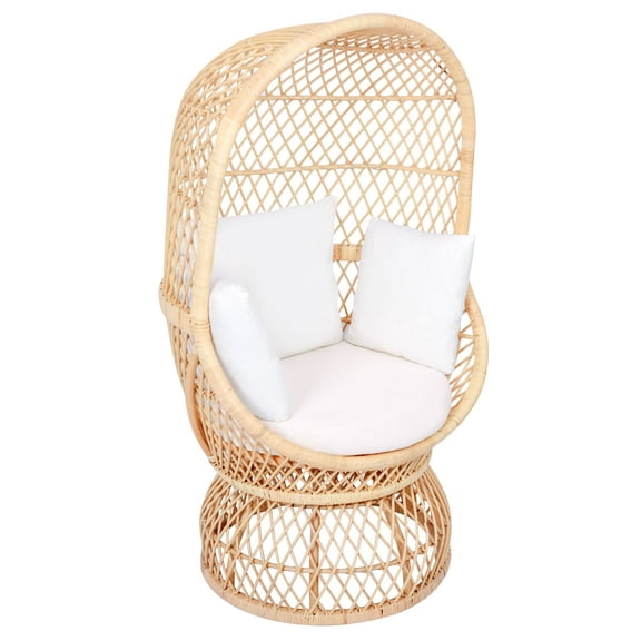 Natural Rattan and Beige Fabric Egg Chair Exotic Boho Living Room