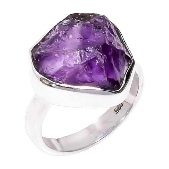 Natural Raw Amethyst Gemstone Purple Stone 925 Sterling Silver Handmade Statement Ring Jewelry Gift for Her