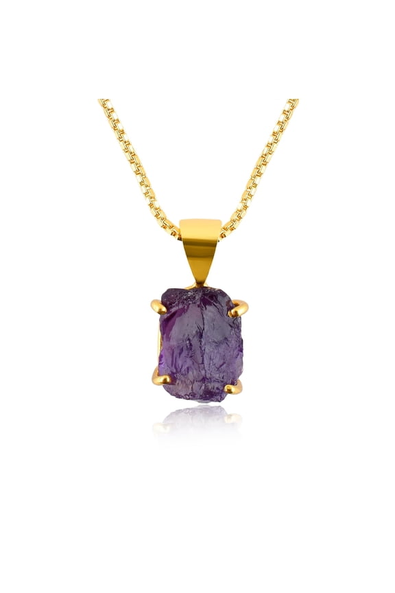 Natural Raw Amethyst Rough Stone Dainty Prong Pendant Necklace For Women, Healing Chakra Crystals, February Birthstone Handmade Jewelry, 14K Gold Plated Adjustable Chain 18", Birthday Gift for Her