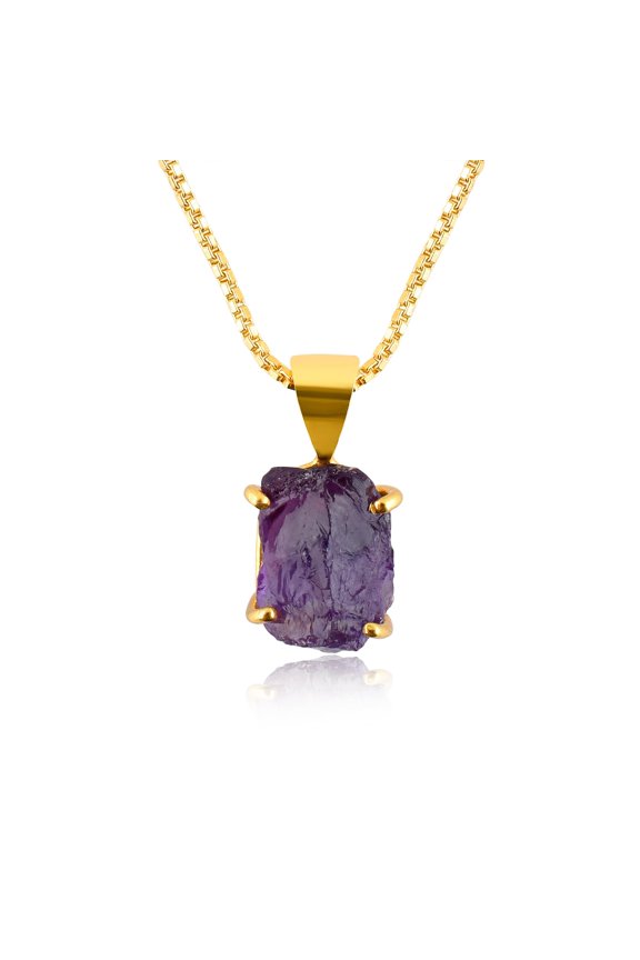 Natural Raw Amethyst Rough Stone Dainty Prong Pendant Necklace For Women, Healing Chakra Crystals, February Birthstone Handmade Jewelry, 14K Gold Plated Adjustable Chain 18", Birthday Gift for Her
