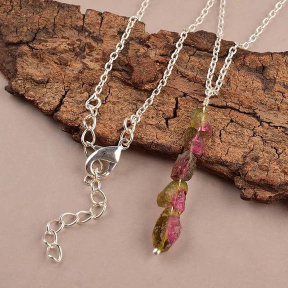 Natural Raw Bi Color Tourmaline Stone Rough Crystal Gemstone Dainty Women Pendant Necklace, Chakra Healing Crystals, Birthstone, Gift, 18 inch