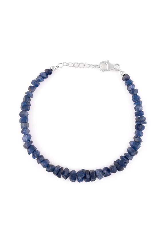 Natural Raw Blue Sapphire Gemstone Full Beads Rough Stones Choker Bangle Bracelets Jewelry for Women, Birthstone Crystals and Healing Stones, Rhodium Plated 925 Sterling Silver 8 inch