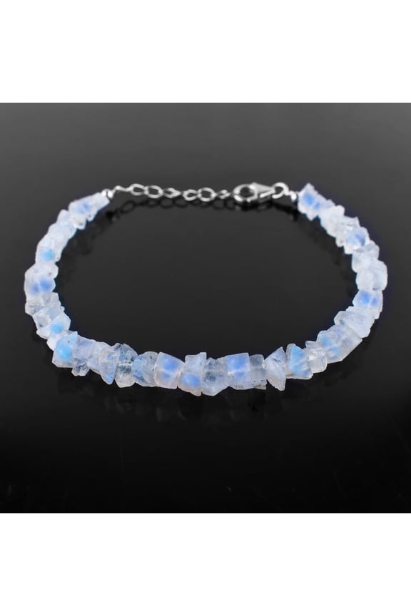 Natural Raw Blue Sheen Moonstone Rough Crystals Gemstone Choker Bangle Bracelets Jewelry for Women, Birthstone Healing Chakra Stones, Rhodium Plated 925 Sterling Silver 8 inch, Birthday Gift for Her