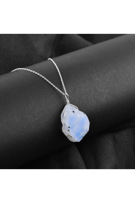 Natural Raw Blue Sheen Moonstone Rough Handmade Dainty Pendant Necklace For Women, Rough Crystals and Healing Stones, Birthstone Jewelry, Rhodium Plated 925 Sterling Silver 18 inch, Birthday Gift