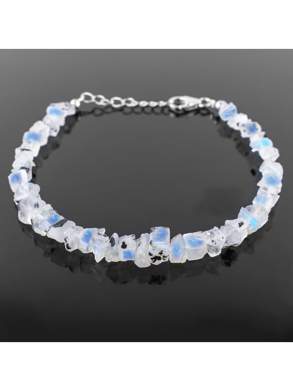 Raw Tourmalated Moonstone Beaded Gemstone Bracelet for Women, 925 Sterling Silver, Raw Rough Shape White & Black Stone, 44 to 48 Carats, Size Approx 4 to 10mm, Adjustable Healing Crystal Gift