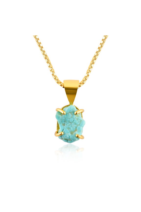 Natural Raw Blue Turquoise Rough Stone Dainty Prong Pendant Necklace For Women, Healing Chakra Crystals, December Birthstone Handmade Jewelry, 14K Gold Plated Adjustable Chain 18", Birthday Gifts