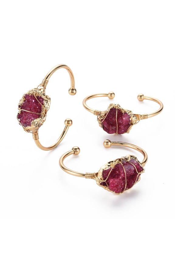 Natural Raw Crystal Agate Cuff Bangle Brass Open Bangle Wrapped Irregular Gemstone Jewelry for Women Light Gold Medium Violet Red Inner Diameter: 2-1/8 inch(5.5~5.6cm)