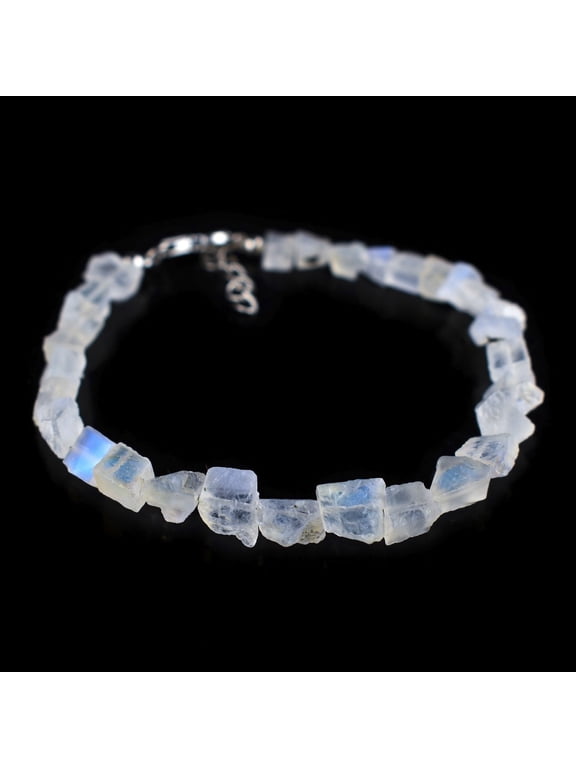 Natural Raw Moonstone Rough Gemstone Full Beads Choker Bangle Bracelets Jewelry for Women, Birthstone Crystals and Healing Stones, Rhodium Plated 925 Sterling Silver 8 inches