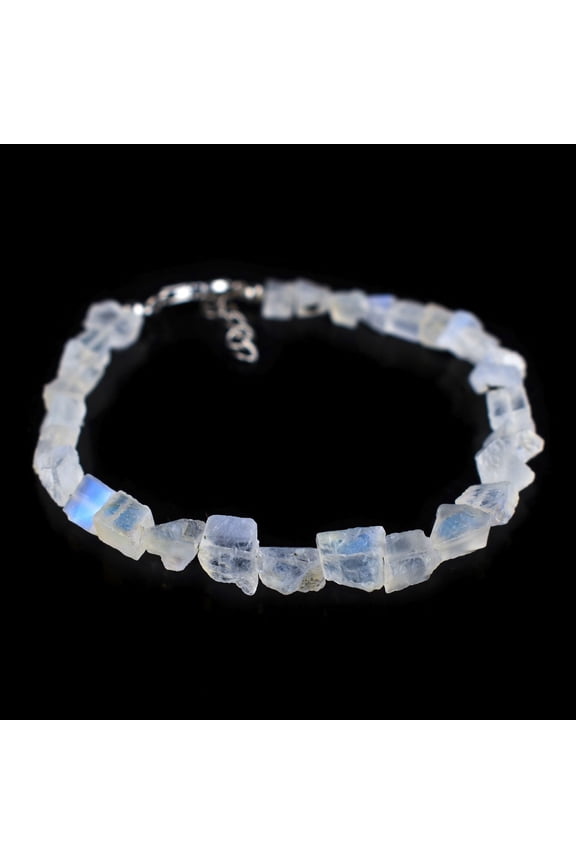 Natural Raw Moonstone Rough Gemstone Full Beads Choker Bangle Bracelets Jewelry for Women, Birthstone Crystals and Healing Stones, Rhodium Plated 925 Sterling Silver 8 inches