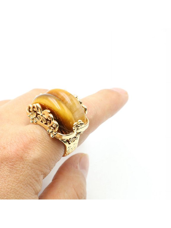 Natural Raw Gemstone Ring Copper Carving U Shaped Setting Pink Crystal Amethyst Green Aventurine Tiger Eye Stone