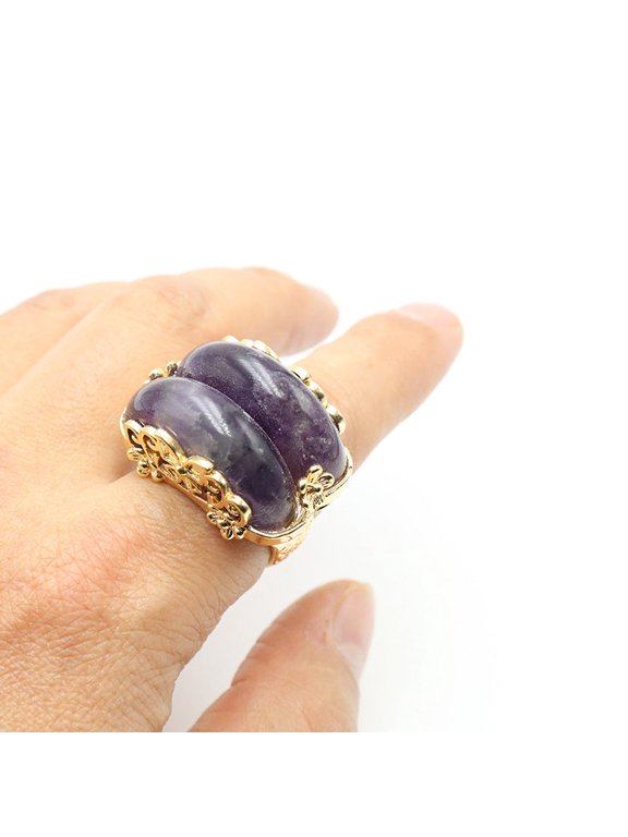 Natural Raw Gemstone Ring Copper Carving U Shaped Setting Pink Crystal Amethyst Green Aventurine Tiger Eye Stone