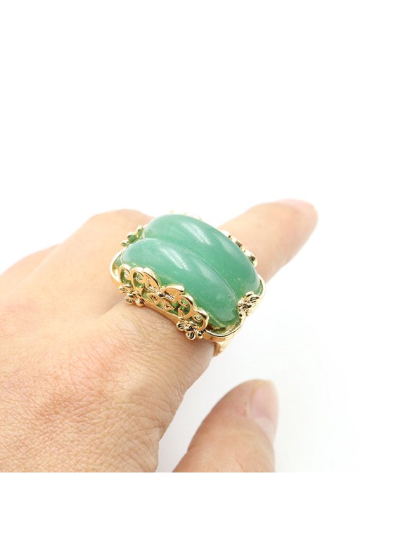 Natural Raw Gemstone Ring Copper Carving U Shaped Setting Pink Crystal Amethyst Green Aventurine Tiger Eye Stone