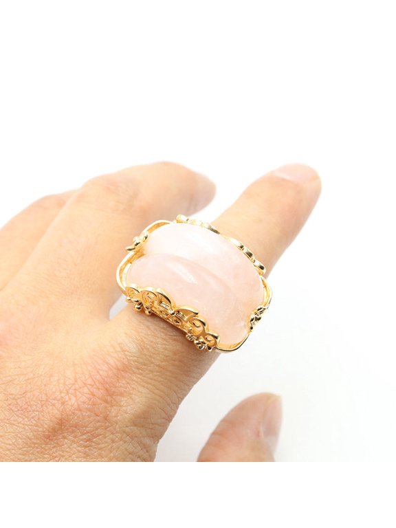 Natural Raw Gemstone Ring Copper Carving U Shaped Setting Pink Crystal Amethyst Green Aventurine Tiger Eye Stone