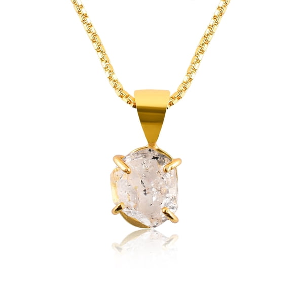 Natural Raw Herkimer Diamond Quartz Rough Dainty Prong Pendant Necklace For Women, Healing Chakra Crystals, Birthstone Handmade Jewelry, 14K Gold Plated Adjustable Chain 18", Birthday Gift for Her