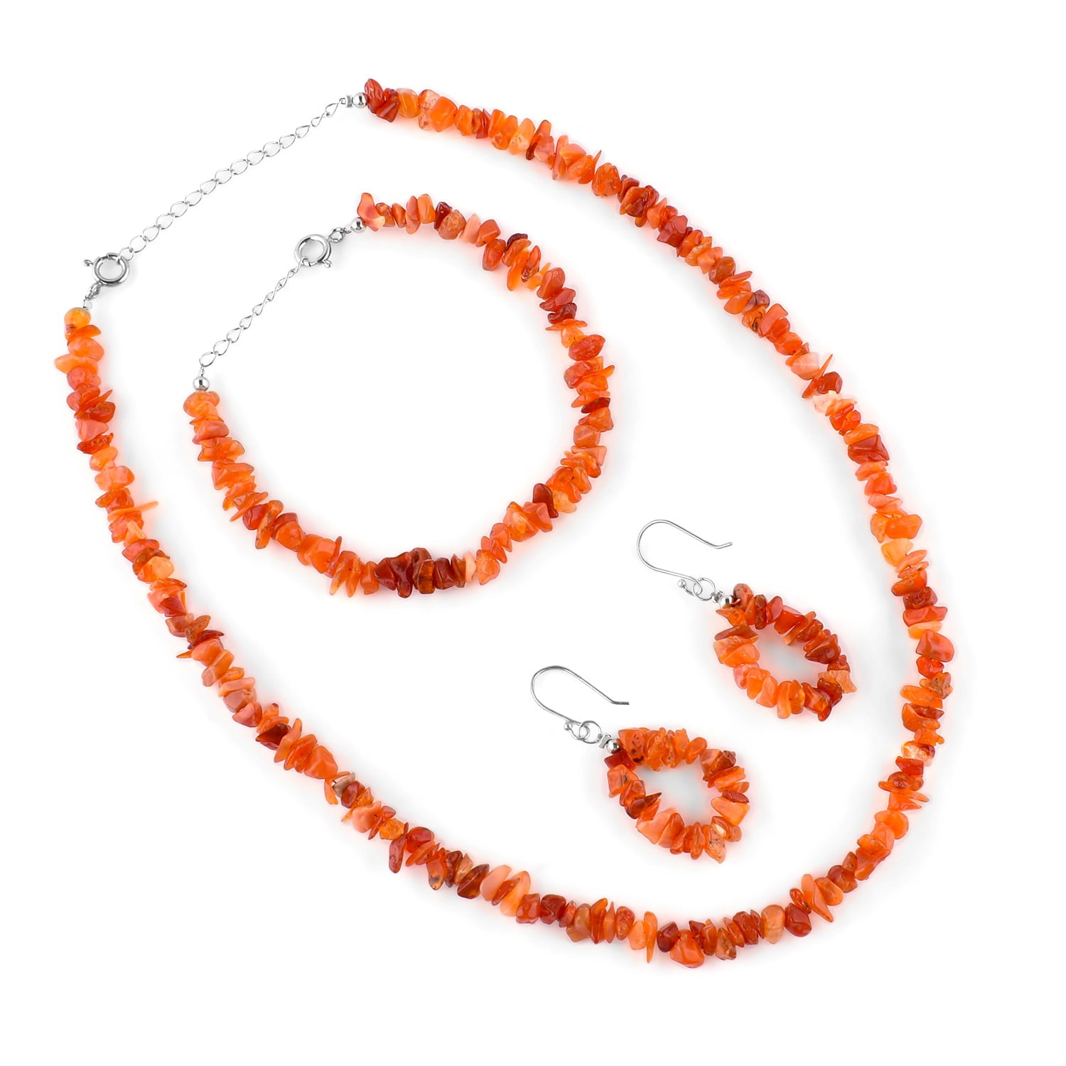 Natural Raw Mexican Fire Opal Gemstone Crystal Chips Nuggets Beads Handmade Jewelry Set For Women, Healing Chakra Crystal, Birthstone Rhodium Plating 925 Sterling Silver (Pack of 3)