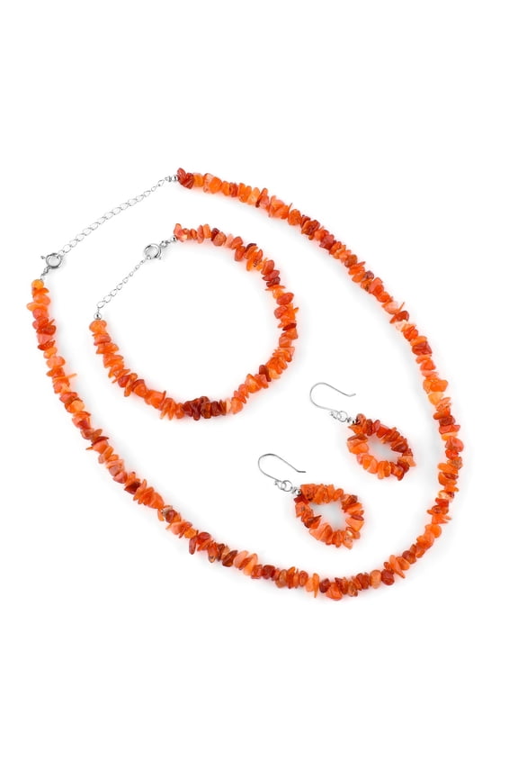 Natural Raw Mexican Fire Opal Gemstone Crystal Chips Nuggets Beads Handmade Jewelry Set For Women, Healing Chakra Crystal, Birthstone Rhodium Plating 925 Sterling Silver (Pack of 3)