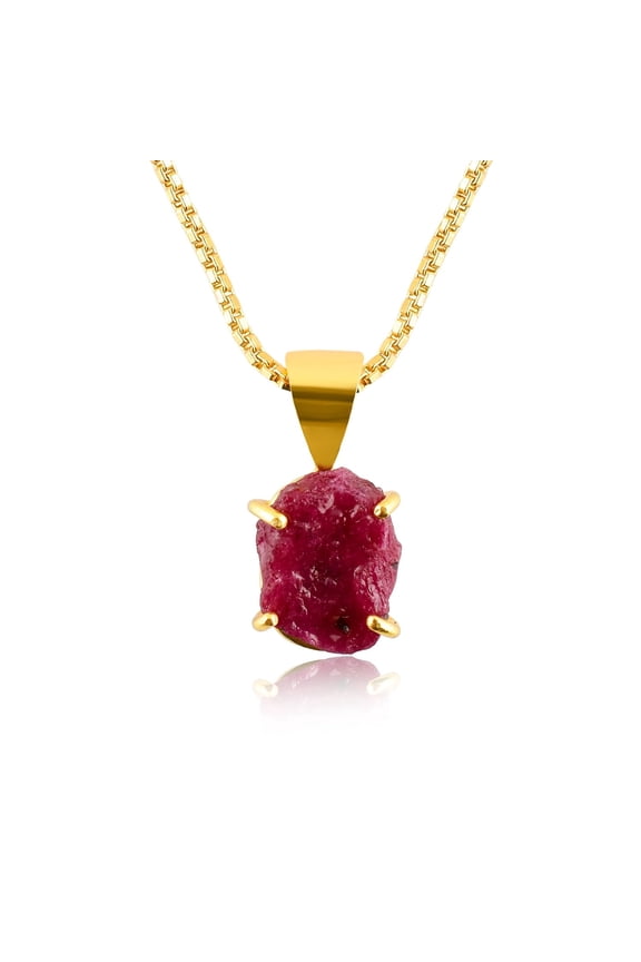 Natural Raw Pink Ruby Rough Stone Dainty Prong Pendant Necklace For Women, Healing Chakra Crystals, July Birthstone Handmade Jewelry, 14K Gold Plated Adjustable Chain 18", Birthday Gift for Her Mom
