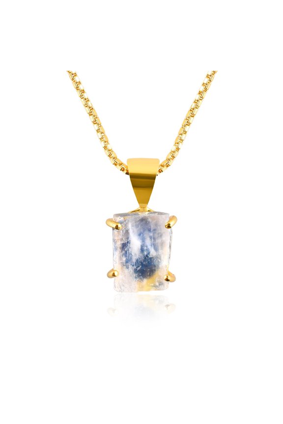Natural Raw Rainbow Moonstone Rough Stone Dainty Prong Pendant Necklace For Women, Healing Chakra Crystal, June Birthstone Handmade Jewelry, 14K Gold Plated Adjustable Chain 18" Birthday Gift for Her