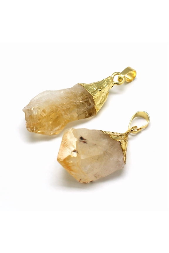 Natural Raw Rough Citrine Pendants with Golden Plated Brass Findings Irregular 30-42x12-17x9-17mm Hole: 7x4mm