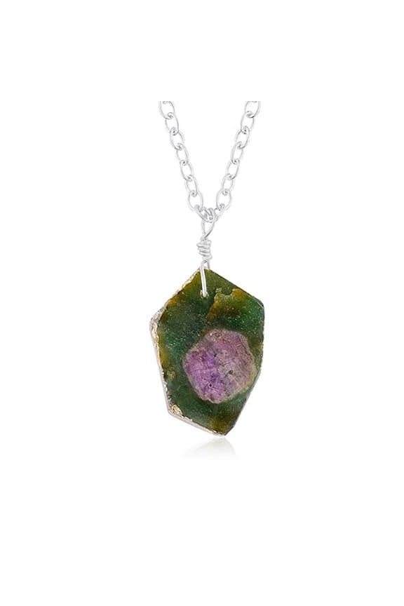 Natural Raw Ruby Zoisite Slice Crystal Gemstone Dainty Women Pendant Necklace, Chakra Healing Crystals, Birthstone, Gift, Chain 18 inch