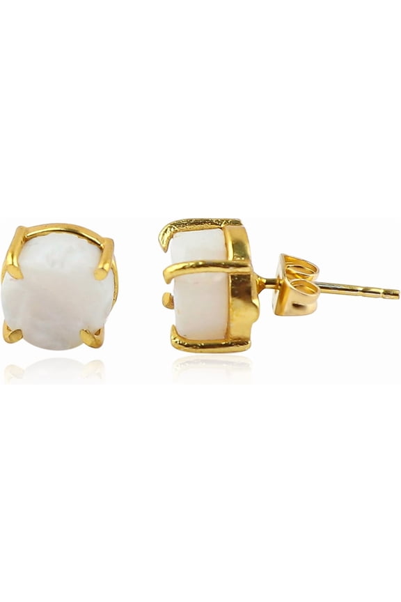 Natural Raw White Opal Crystal Stud Earrings for Women 8-9mm, Handmade Gemstone Jewelry, Gold Plated Hypoallergenic Posts, Dainty Minimalist Earrings for Everyday Wear (White Opal)[q560]