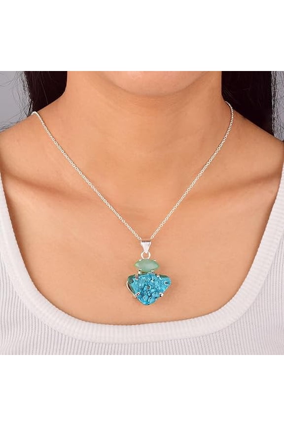 Natural Real Chrysocolla and Chrysophase Crystals Bezel Pendant Necklace, Double Stone Pendant, Healing Rough Gemstone, Birthday, Occasion Wear, Gift for Her