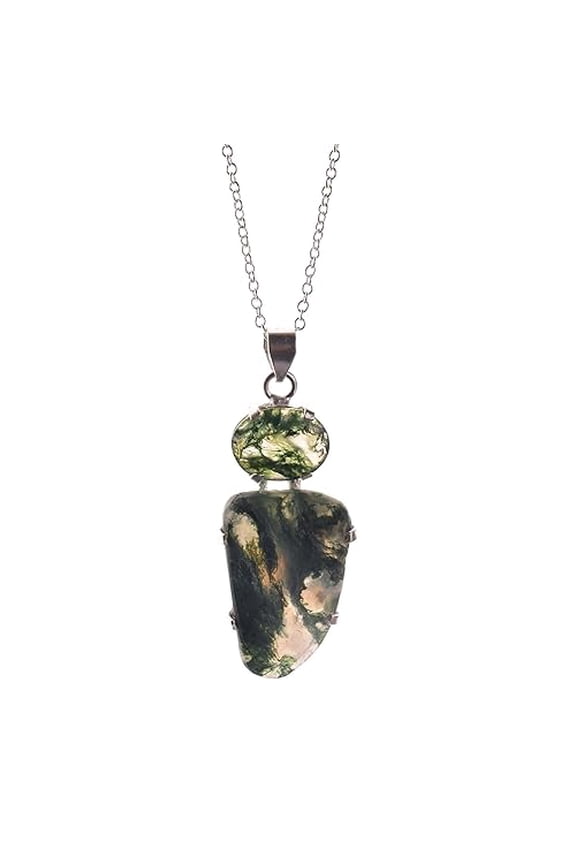 Natural Real Moss Agate Crystals Bezel Pendant, Birthstone, Double Gemstone, Necklace Healing Rough Gemstone, Birthday, Mothers Day Gift Jewelry, Occasion Wear, Gift for Her