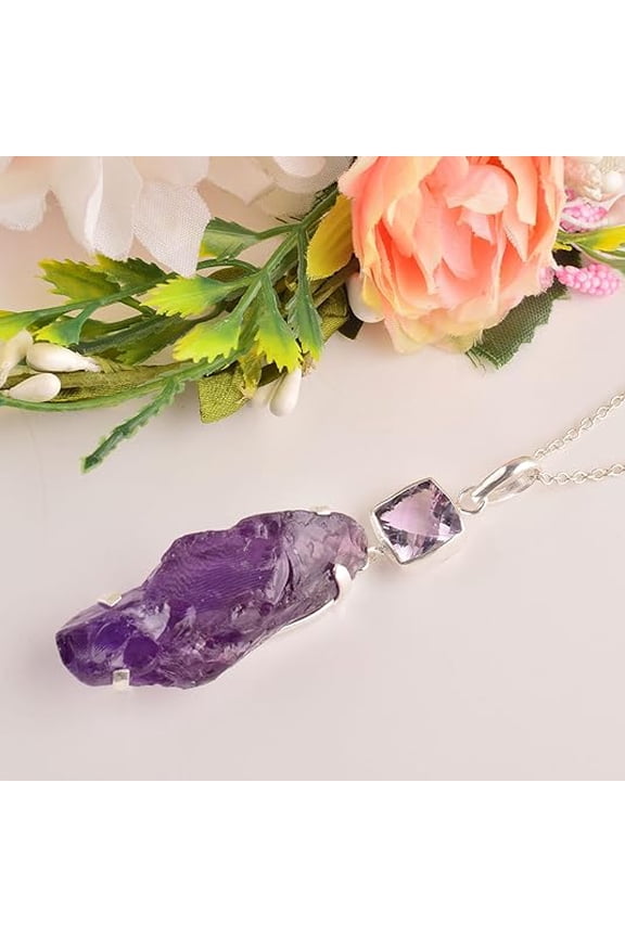 Natural Real Purple Amethyst Crystals Bezel Pendant Necklace, Double Stone Pendant, Healing Rough Gemstone, Birthday, Prong Setting Pendant, Occasion Wear, Gift for Her