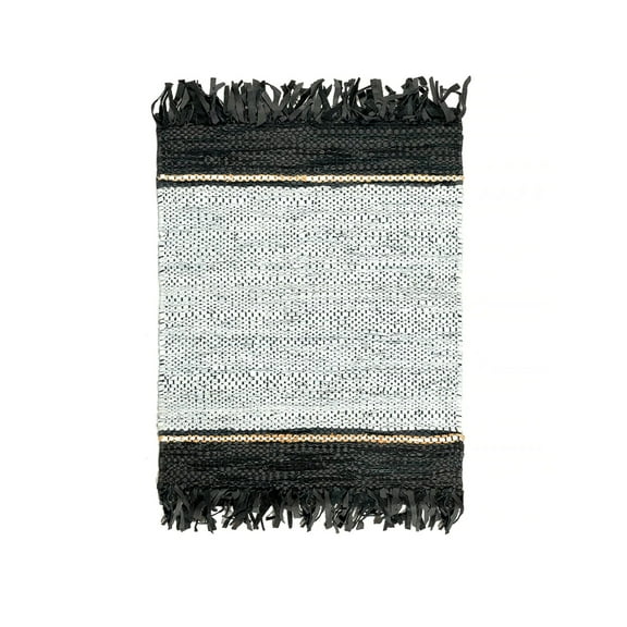 Natural Reclaimed Leather Flounce Striped Rug Black, Keith