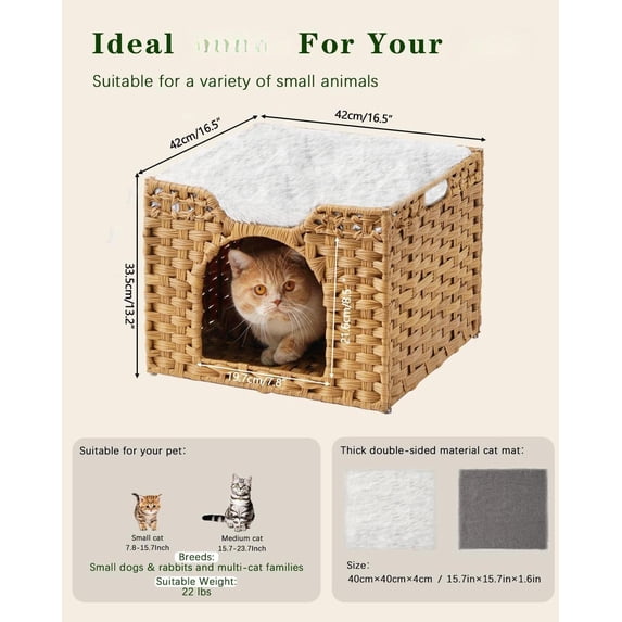 Natural Rectangle-M Rattan Cat Bed Cube with Mat