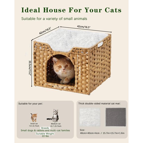 Natural Rectangle-M Rattan Cat Bed Cube with Mat